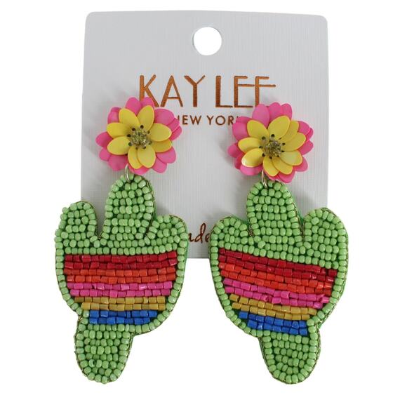 Kay Lee Boho Seed Bead Beaded Cactus Statement Earrings #ONE9057LI - Picture 1 of 2